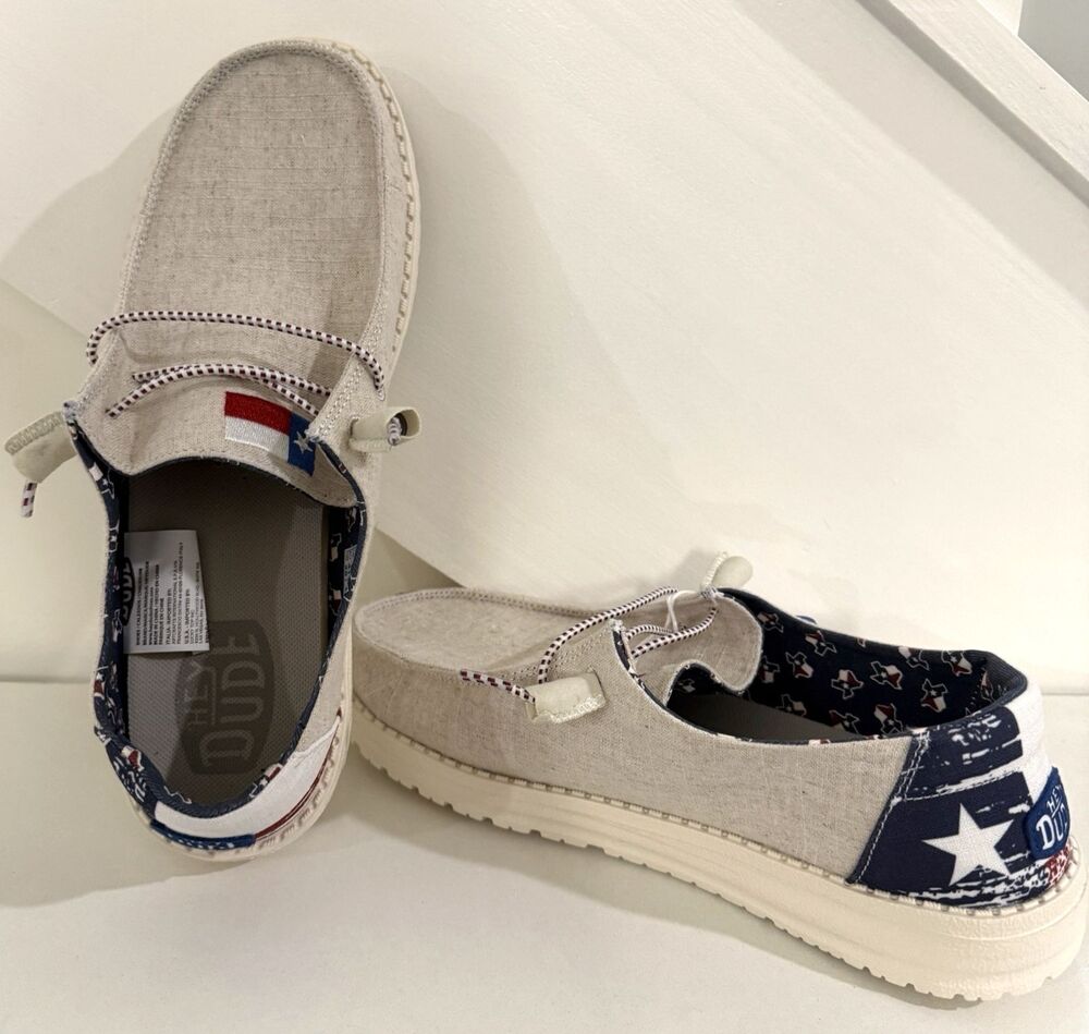 Hey Dude Women Size 10 Wendy Texas Flag Texan Lone Star Slip-On Off-White Shoes